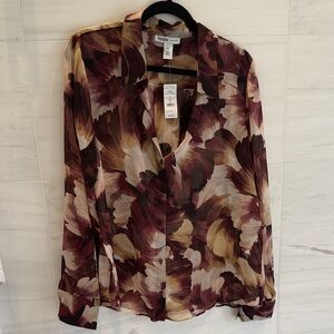 White House Black Market Burgundy and Cream Floral Blouse